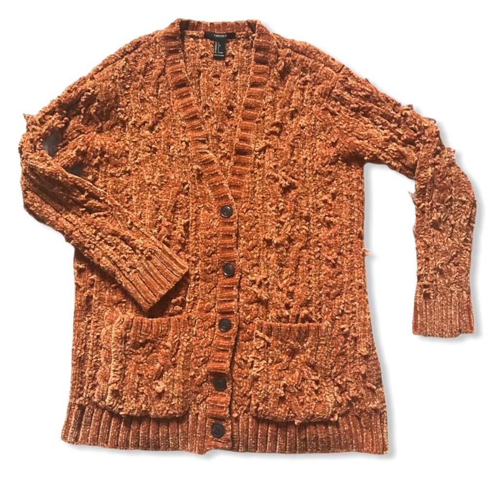 F21 Super Soft Button-Up Caramel Brown Orange Loose Knit Cardigan